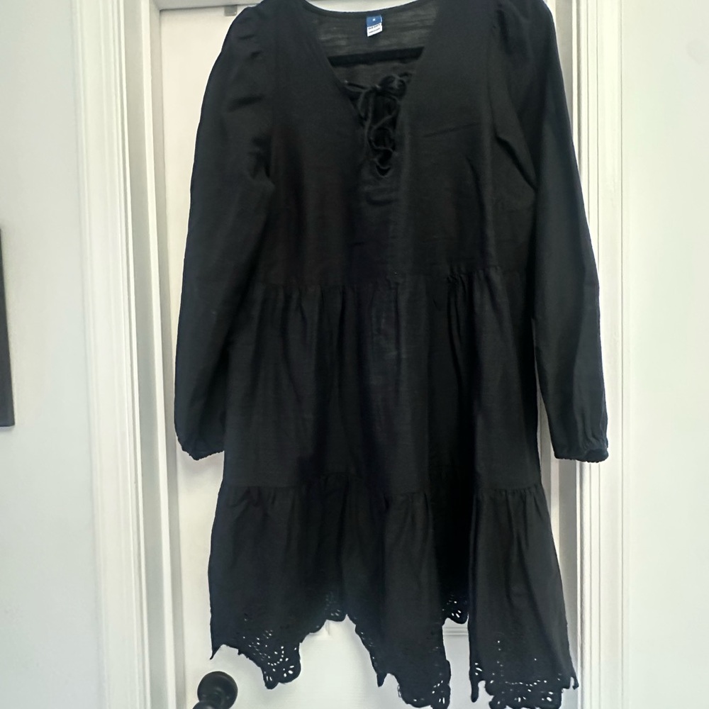 Old Navy Black Asymmetrical Tie Front Sundress with Long Bishop Sleeves